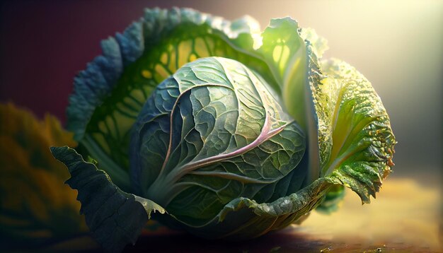 A head of cabbage lies on the table under the bright rays of the sun