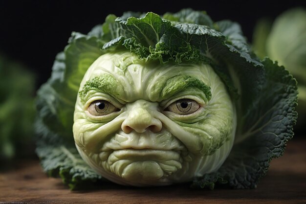 Head of cabbage with sad expression on wooden table closeup view