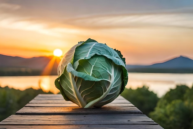 Photo a head of cabbage on a wooden deck with the sun setting behind it.