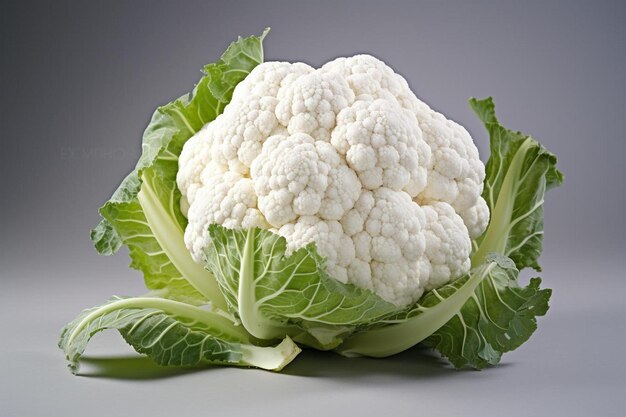 A head of cauliflower is shown on a white surface