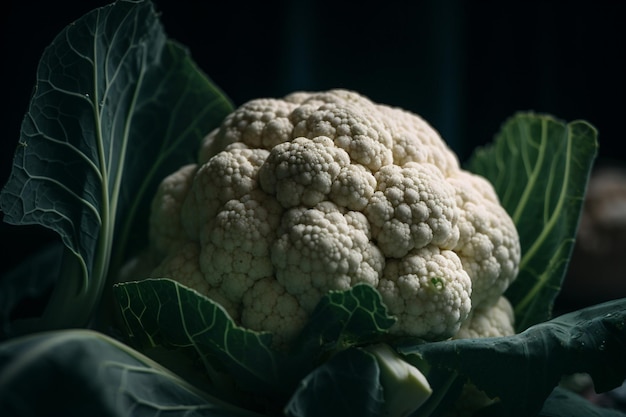 A head of cauliflower is shown with a black background.