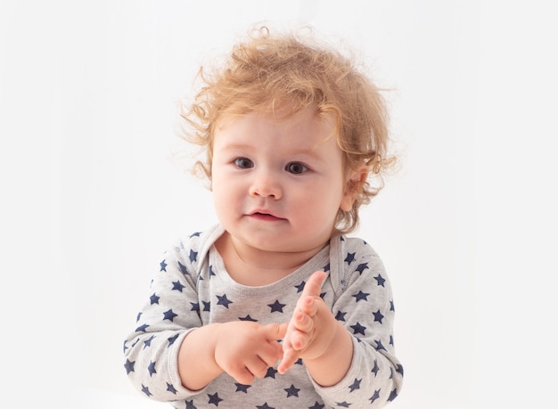 Head close up. Close up head shot of child isolated on white. Kids face, little boy portrait.