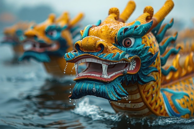 Клоуз-ап драконьей лодки во время гонки драконьих лодок на фестивале драконьих лодок