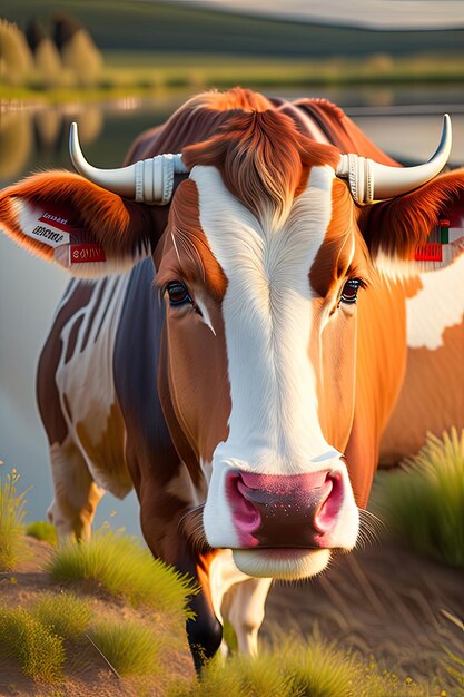 Head of a cow close up A cow grazes near the river