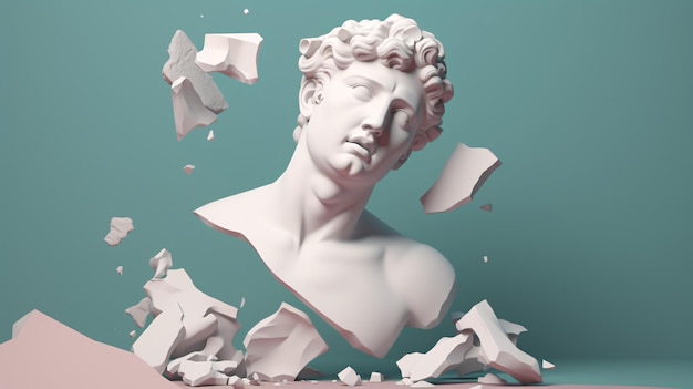 Head of David's statue sculpture bust 3d rendering style on pastel background Broken and shattered in large pieces and tiny fragments