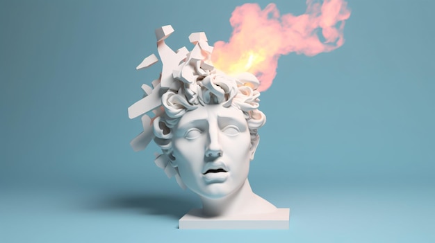 Foto testa della statua di david busto scultoreo stile rendering 3d su sfondo pastello esplosione con fuoco