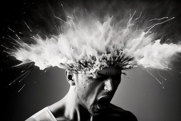 Foto esplosione della testa mal di testa aggressività concetto di emozioni negative perdere il controllo problemi con la salute mentale rabbia ia generativa
