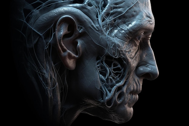 A head and face with the veins of the face and the brain.