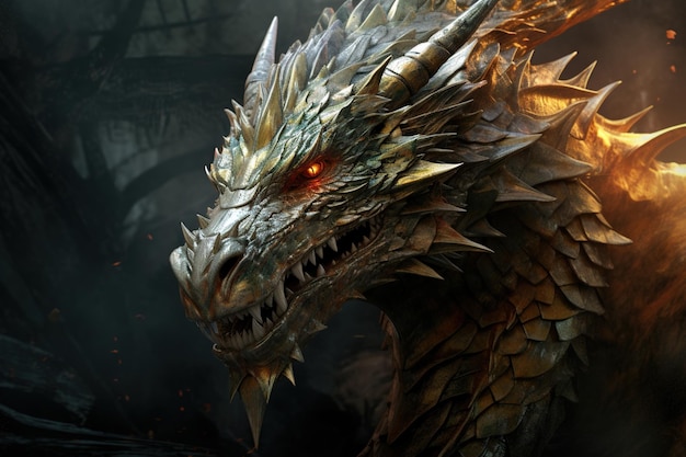 Head of Fantasy Dragon Ferocious monster Vicious dragon with a gaping maw Vigital illustration