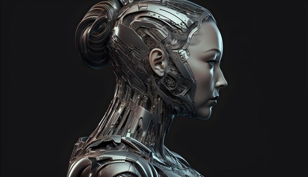 A head of a female cyborg with a futuristic look.