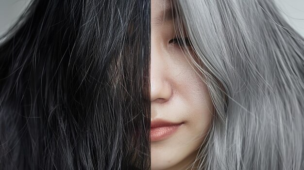 Photo the head of a female with grayblack hair hair dyeing both prior to and following up close generative ai