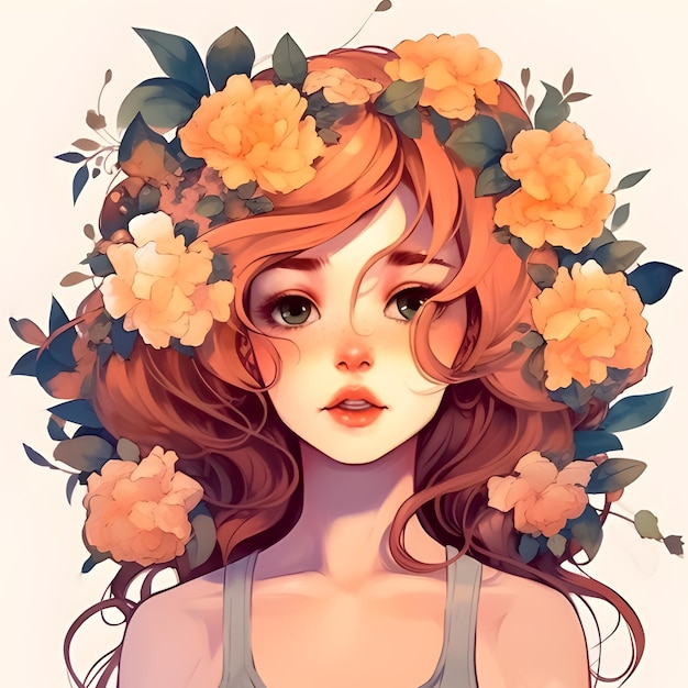 Premium AI Image  Head of flowers Flowers on hair Anime face drawing Cute girl  drawing