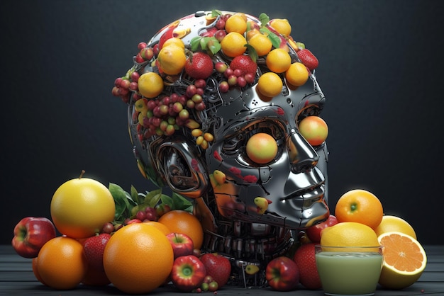 A head of fruit with a black background and a bowl of oranges on itgenerative ai