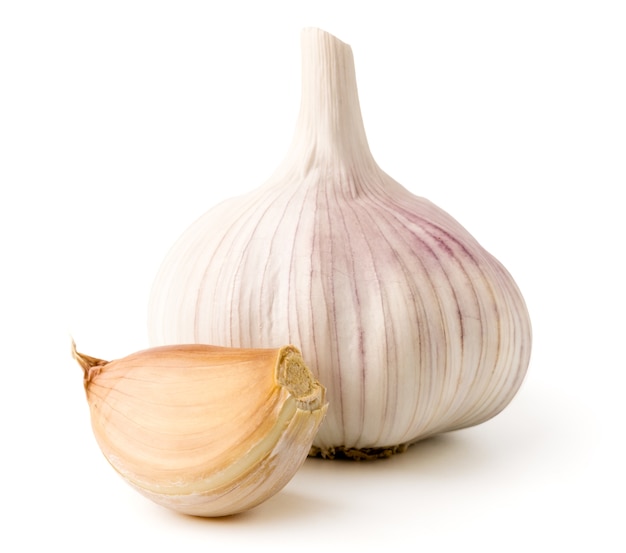 Head of garlic and slice on white