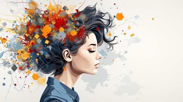 the head of girl depicted with colored paint splashes in artistic style