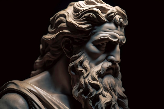 Photo head of greek god sculpture statue of a man with long beard on dark background ai generated image