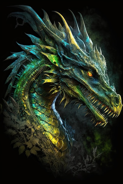 Голова зеленого дракона с желтыми огнями Символ года 2024 Генерировать Ai