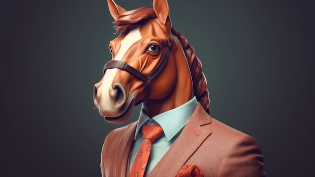 Head of horse put on human body in classic brown suit