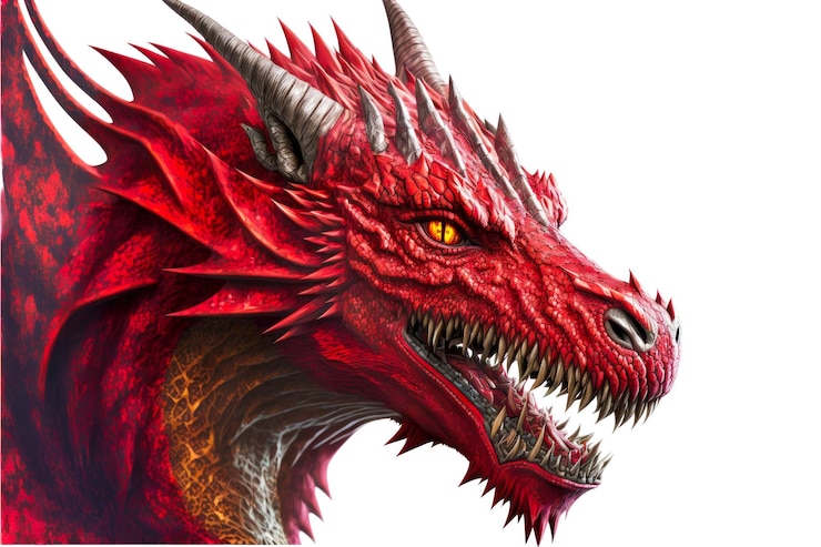 Photo head of huge fabulous red dragons isolated on white background