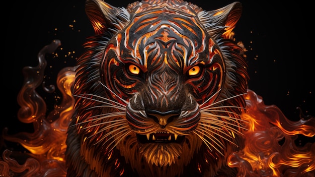 鉄の頭黒い背景の怒った炎の虎