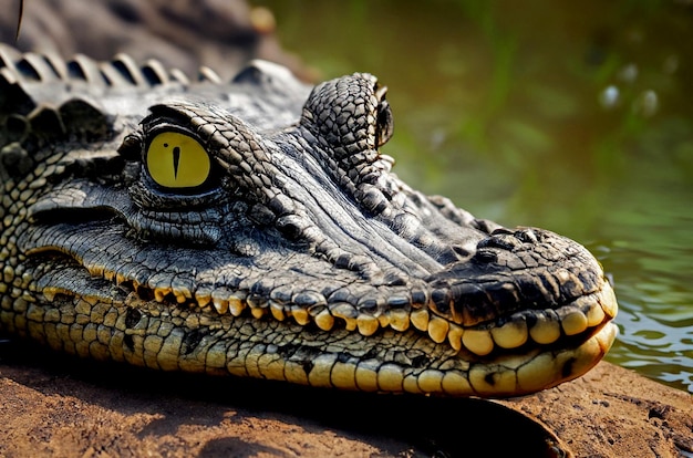 Head of large crocodile resting in tropical rainfores