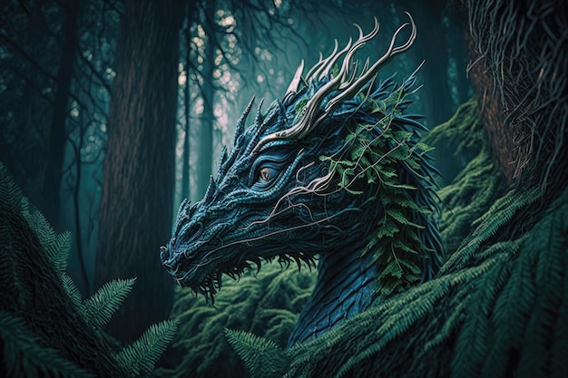 Head like mystic forest dragon among trees created with generative ai