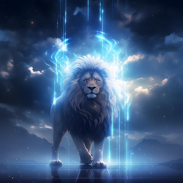 Head of lion with a fiery mane ai generated