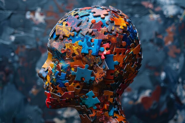 A head made of puzzle pieces with a blue and red face