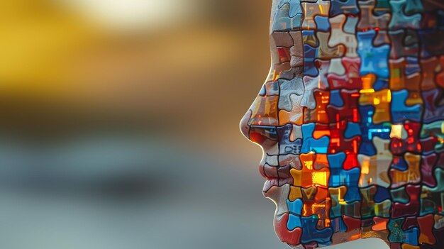 Photo the head of the man made of colorful puzzle pieces 3d rendering