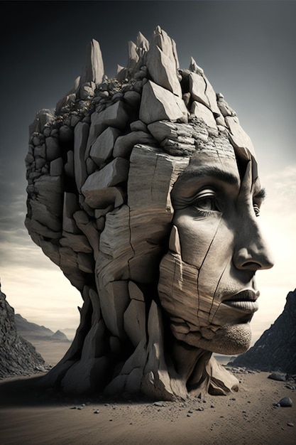 Head of a man made rocks in the desert generative ai