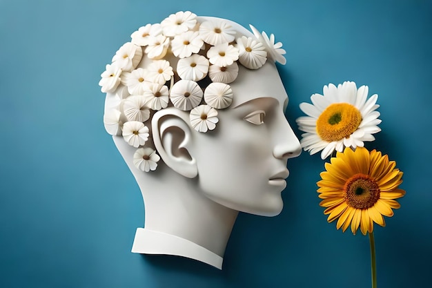 head of a man with flowers and a bouquet of daisies.