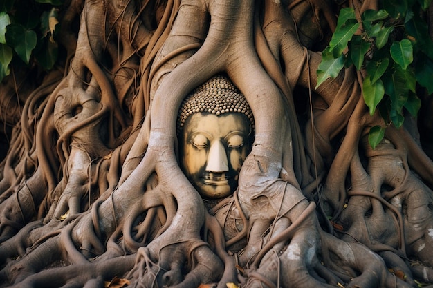 写真 アユタヤ州のワット・マハタットにある木の根にある仏像の頭