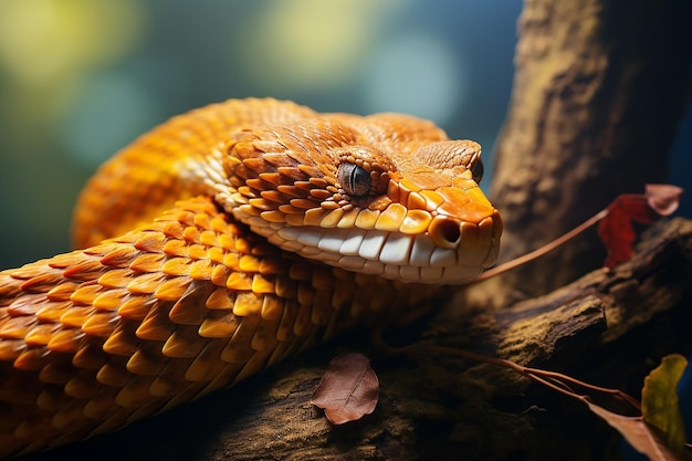 밝은 날 정글에서 날카로운 시선을 가진 주황색 독사 뱀 야생 동물의 머리