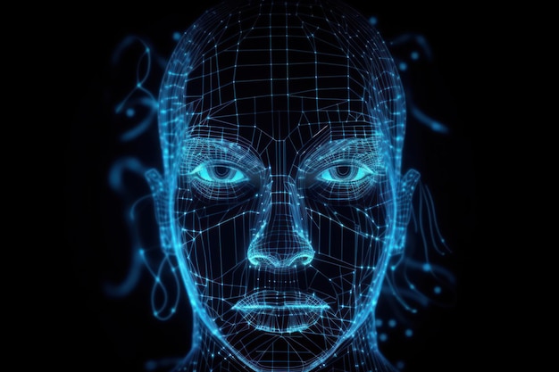 A head of a person with a blue wire pattern.