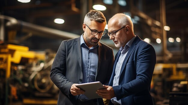 Photo head of the project holds laptop and discusses product details with chief engineer while they walk through modern factory