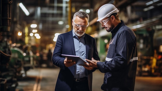 Photo head of the project holds laptop and discusses product details with chief engineer while they walk through modern factory