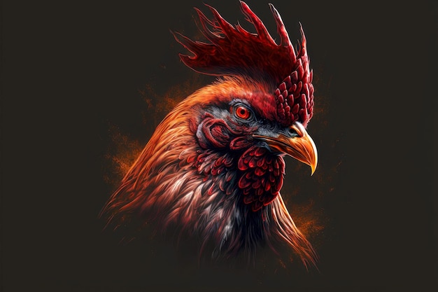 Head of red aggressive rooster portrait on dark background