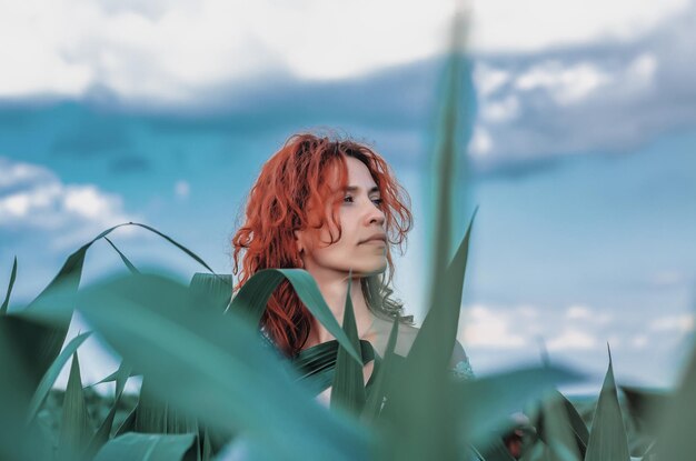 Photo head red woman over corn leaves