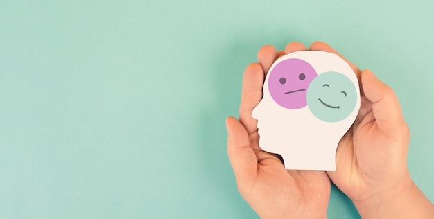 Photo head sad happy face mental health positive negative mind depression emotion divided personality