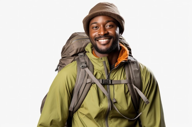 Photo head shot of african american smiling man looking at camera isolated on white background hiker