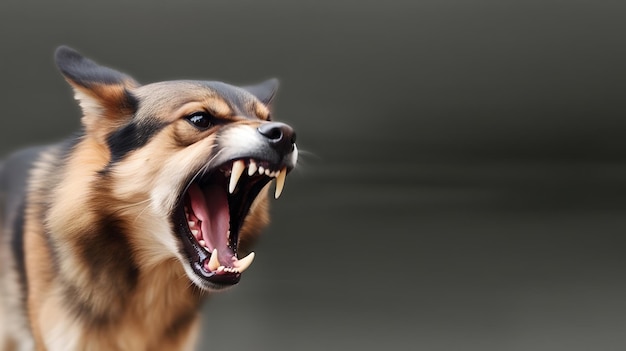 Photo head shot of aggressive german sheperd dog barking rabies virus infection concept