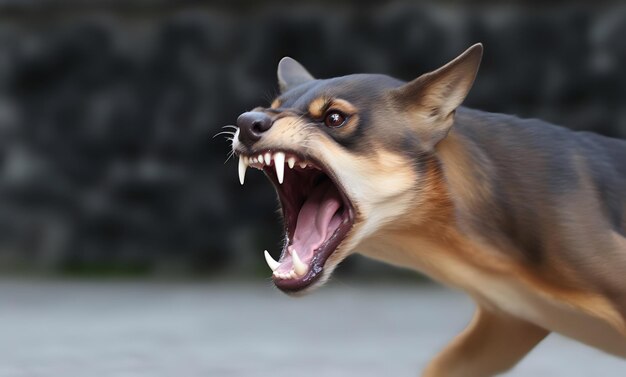 Foto copertura della testa di un aggressivo cane pastore tedesco che abbaia concetto di infezione da virus della rabbia