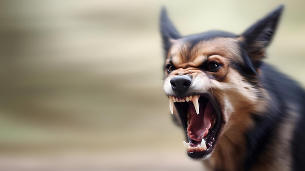 Photo head shot of aggressive german sheperd dog barking rabies virus infection concept