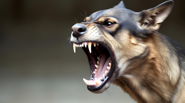 Photo head shot of aggressive german sheperd dog barking rabies virus infection concept