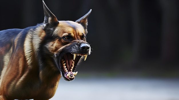 Photo head shot of aggressive german sheperd dog barking rabies virus infection concept