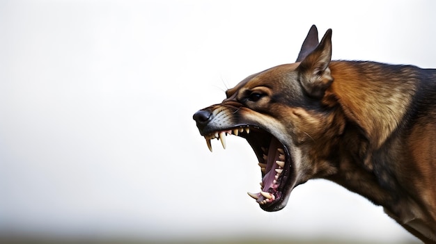 Photo head shot of aggressive german sheperd dog barking rabies virus infection concept