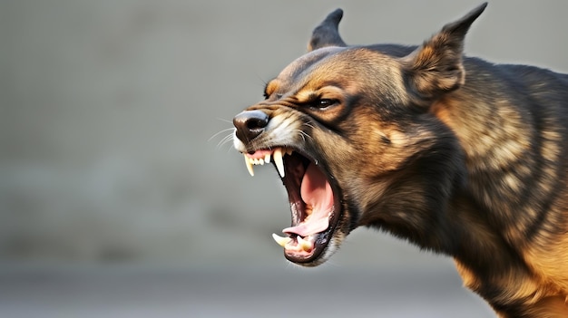 Foto copertura della testa di un aggressivo cane pastore tedesco che abbaia concetto di infezione da virus della rabbia