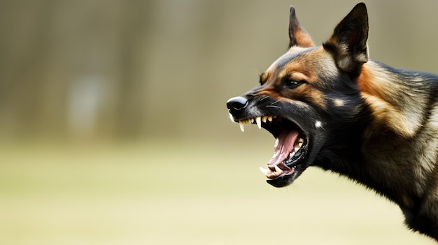 공격적인 독일 셰퍼드 개가 는 머리 사진 광견병 바이러스 감염 개념