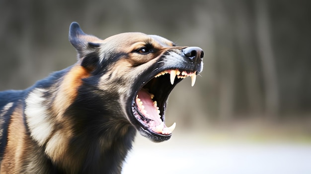 Foto copertura della testa di un aggressivo cane pastore tedesco che abbaia concetto di infezione da virus della rabbia