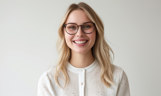 Head shot happy portrait caucasian young woman in glasses satisfied with ophthalmology services